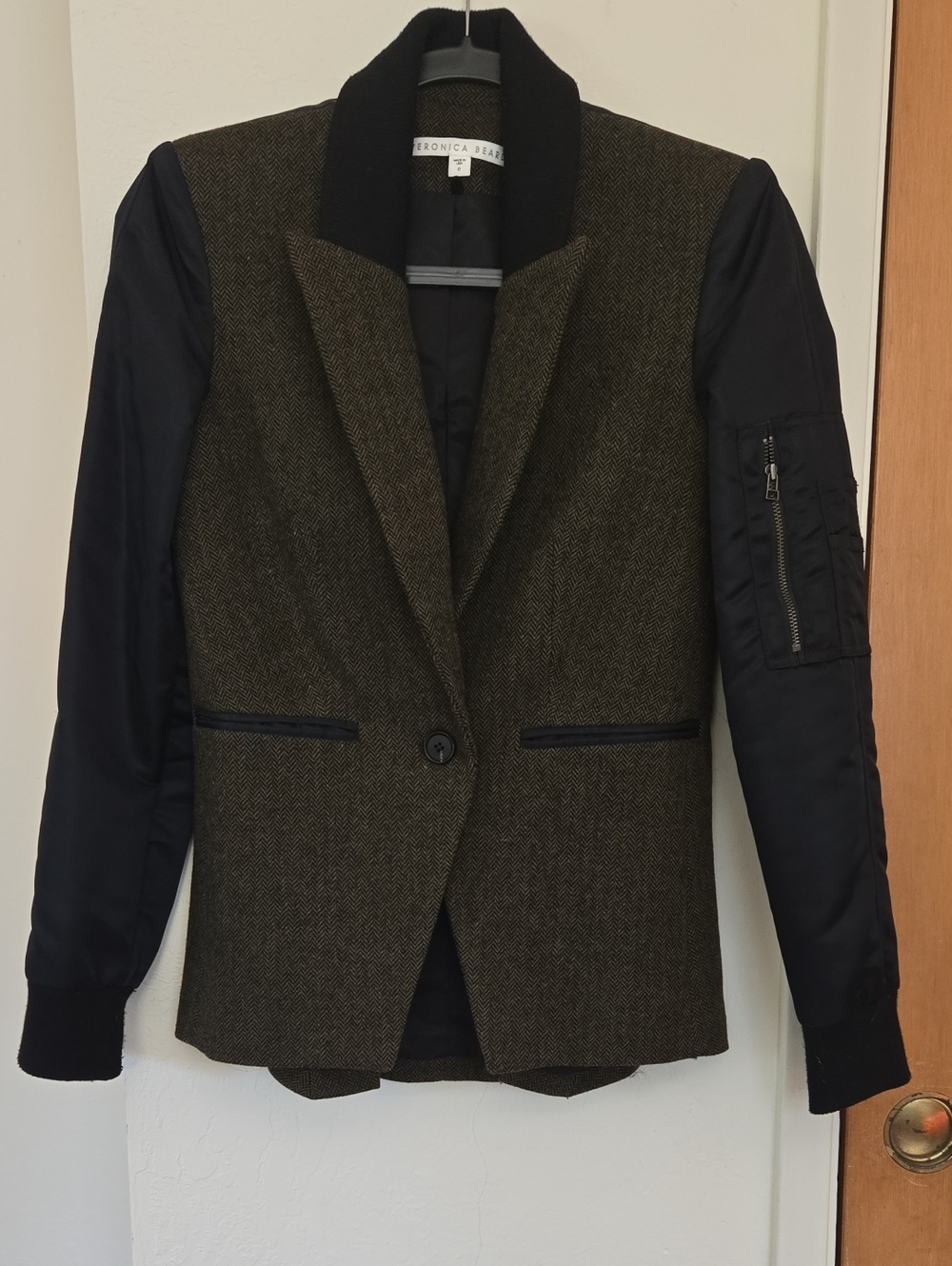 Veronica Beard Olive Herringbone Blazer with Black Sleeves